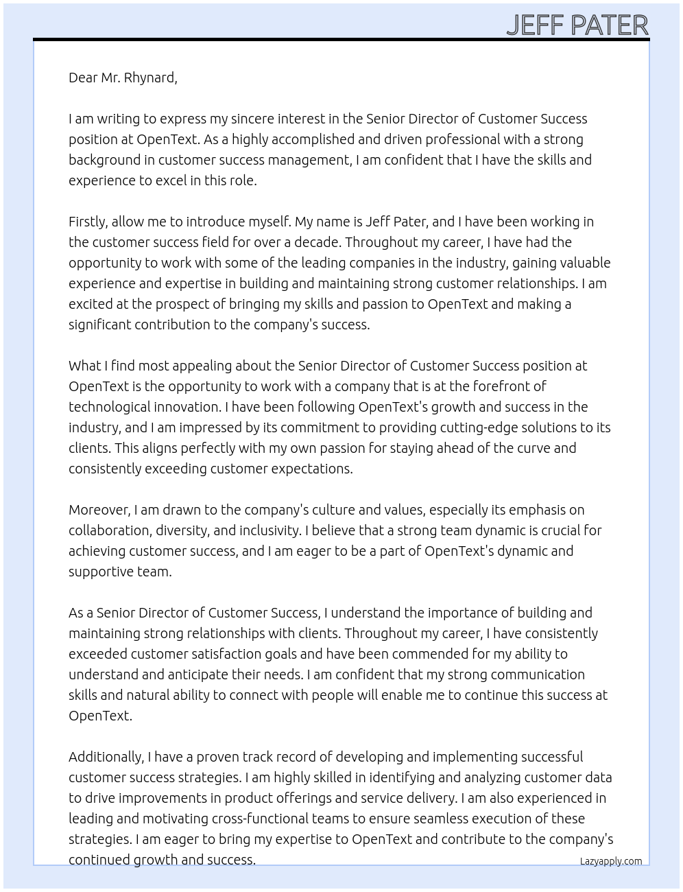 Sr. Director Customer Success At OpenText Cover Letter