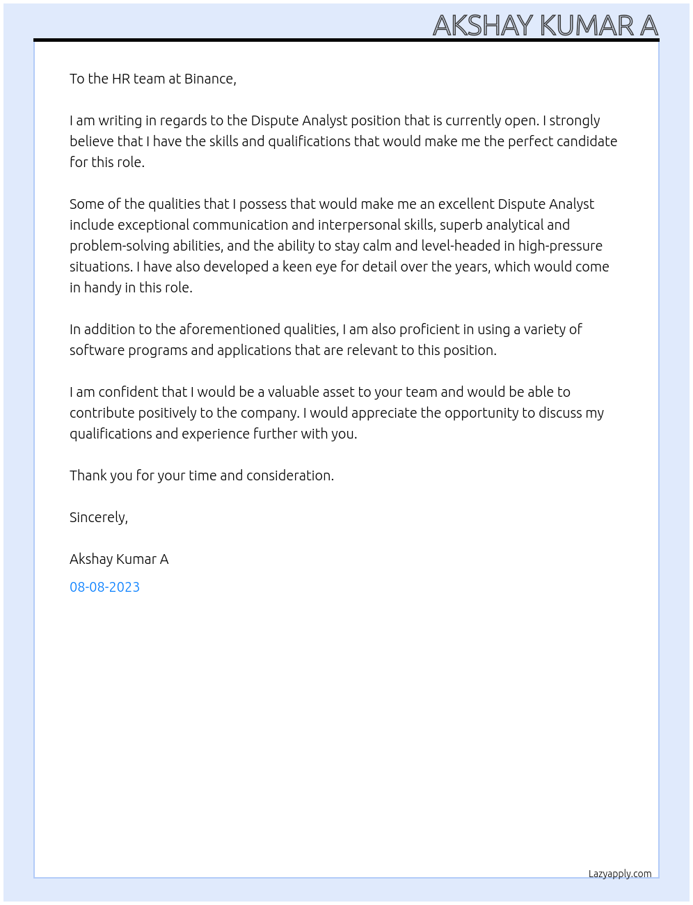 dispute analyst At binance Cover Letter