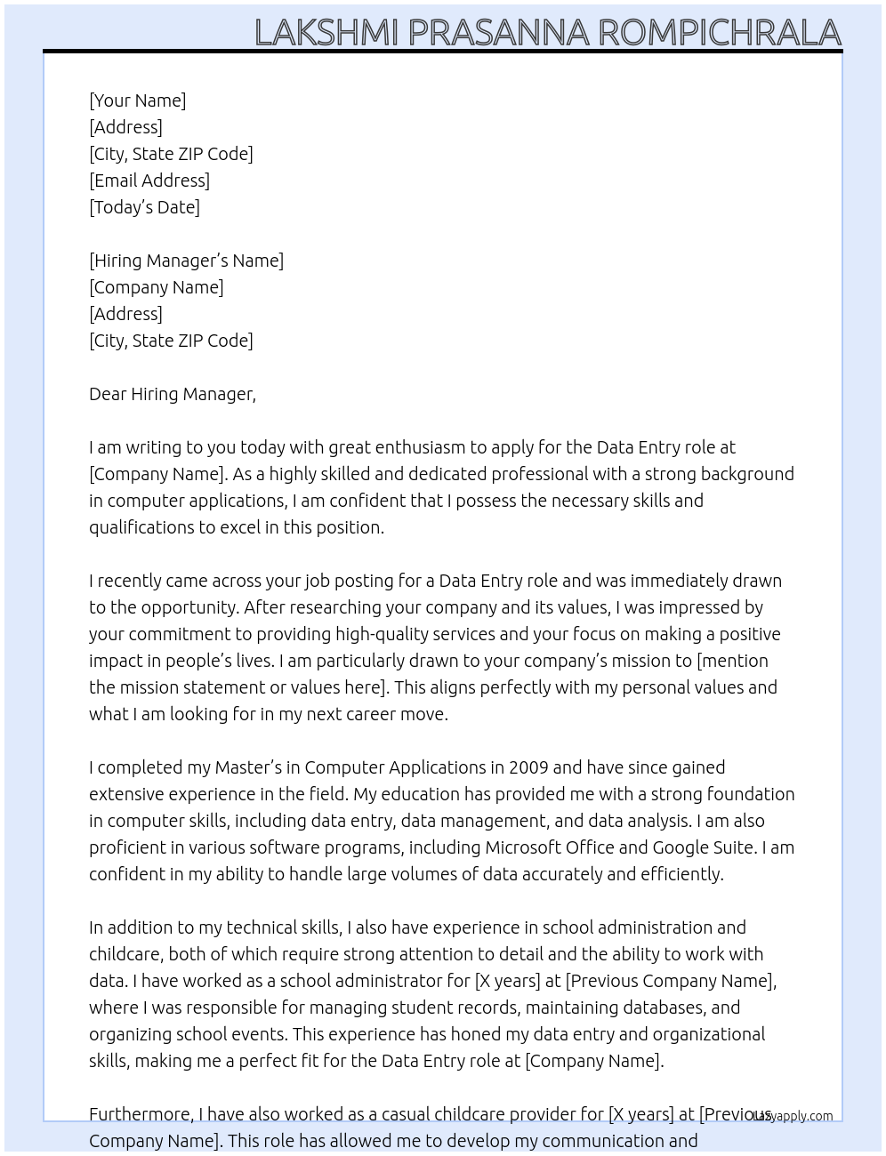 data entry role At Hiring Manager Cover Letter
