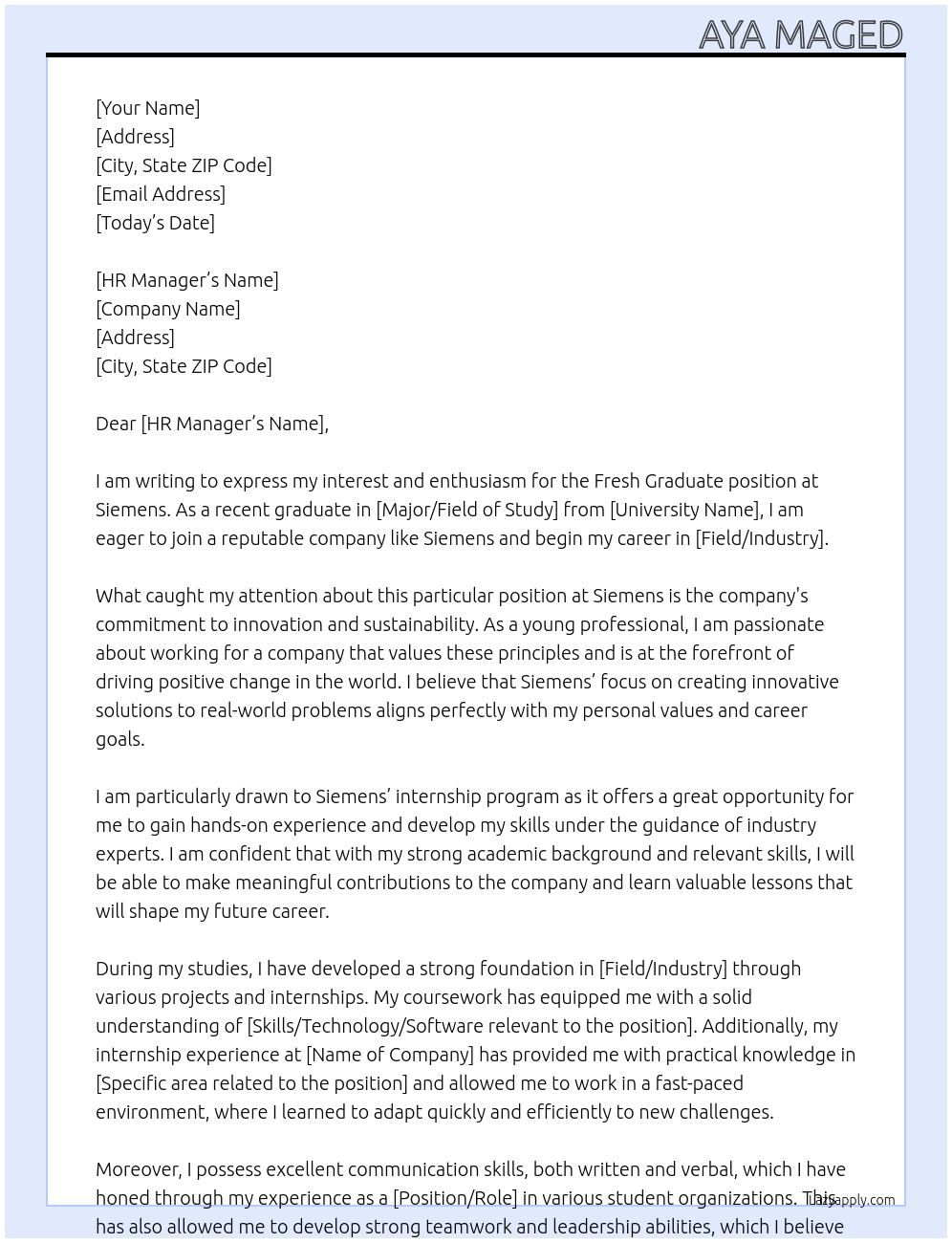 Fresh Graduate At Siemens Cover Letter