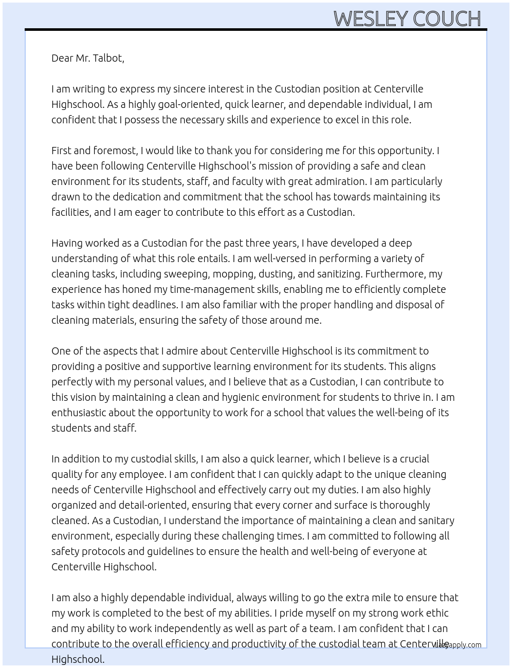 Custodian At Centerville Highschool Cover Letter