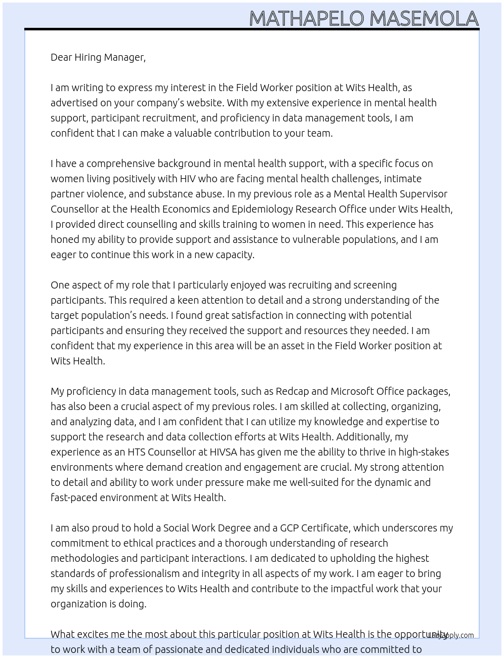 field worker At Wits Health Cover Letter