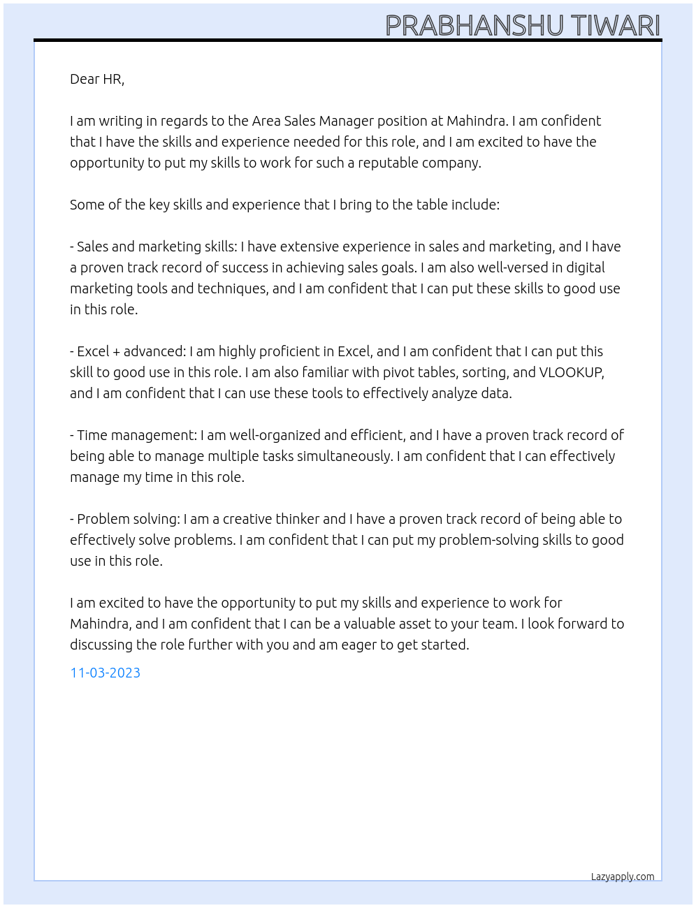 Area Sales Manager At Mahindra Cover Letter