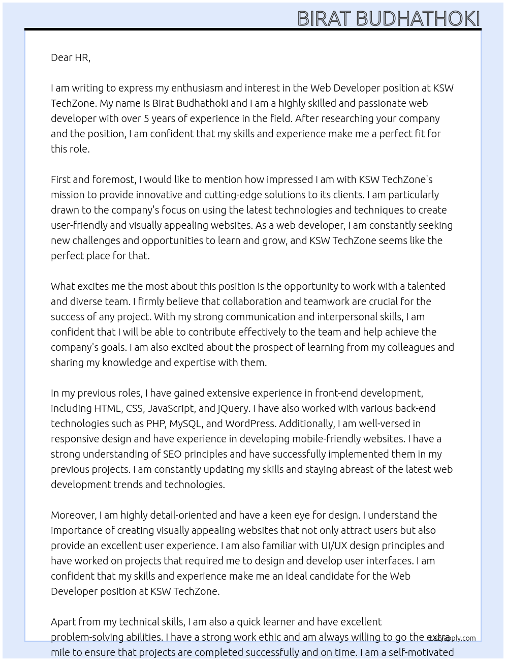 Web developer At KSW TechZone Cover Letter