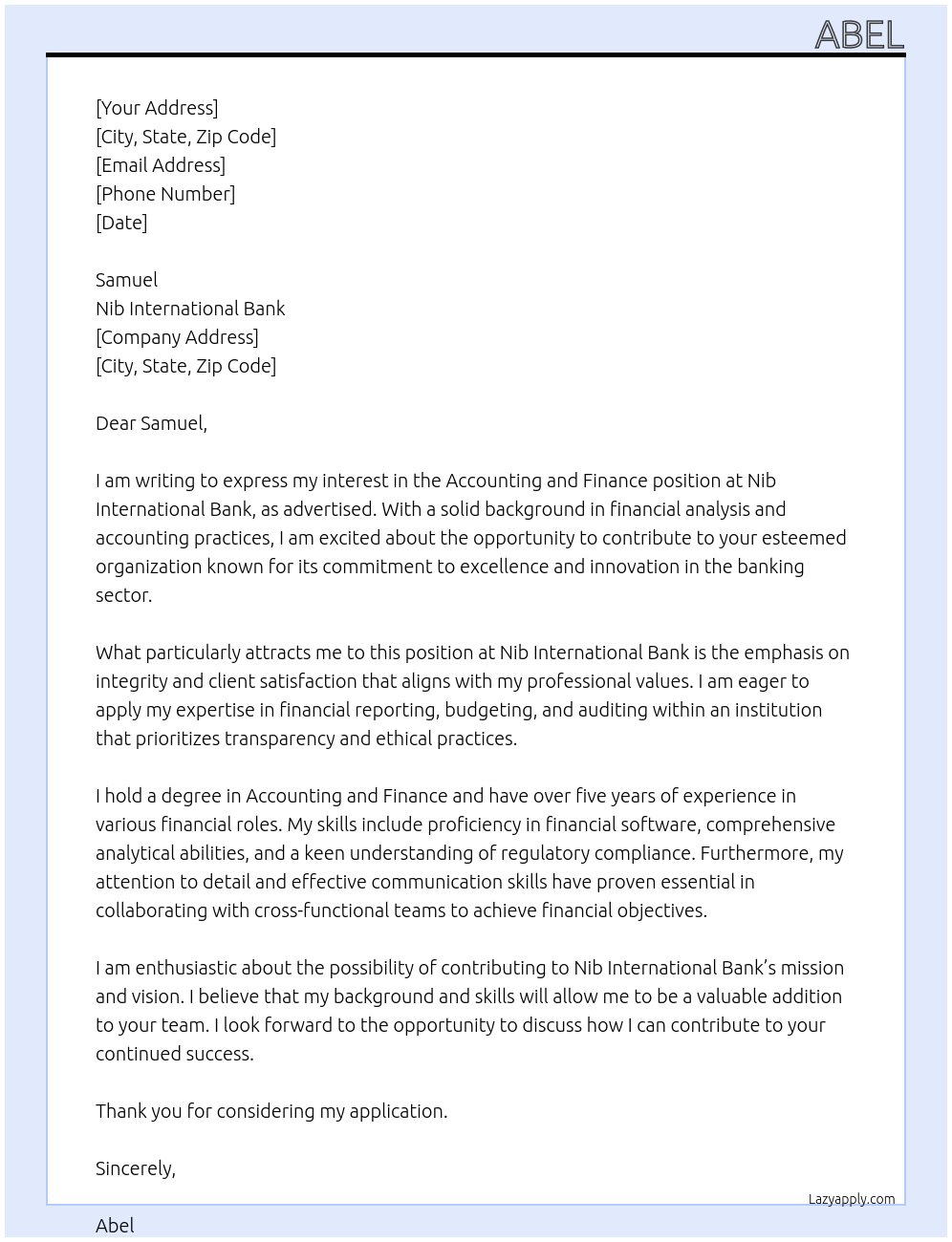 Cover letter for accounting and finance - LazyApply