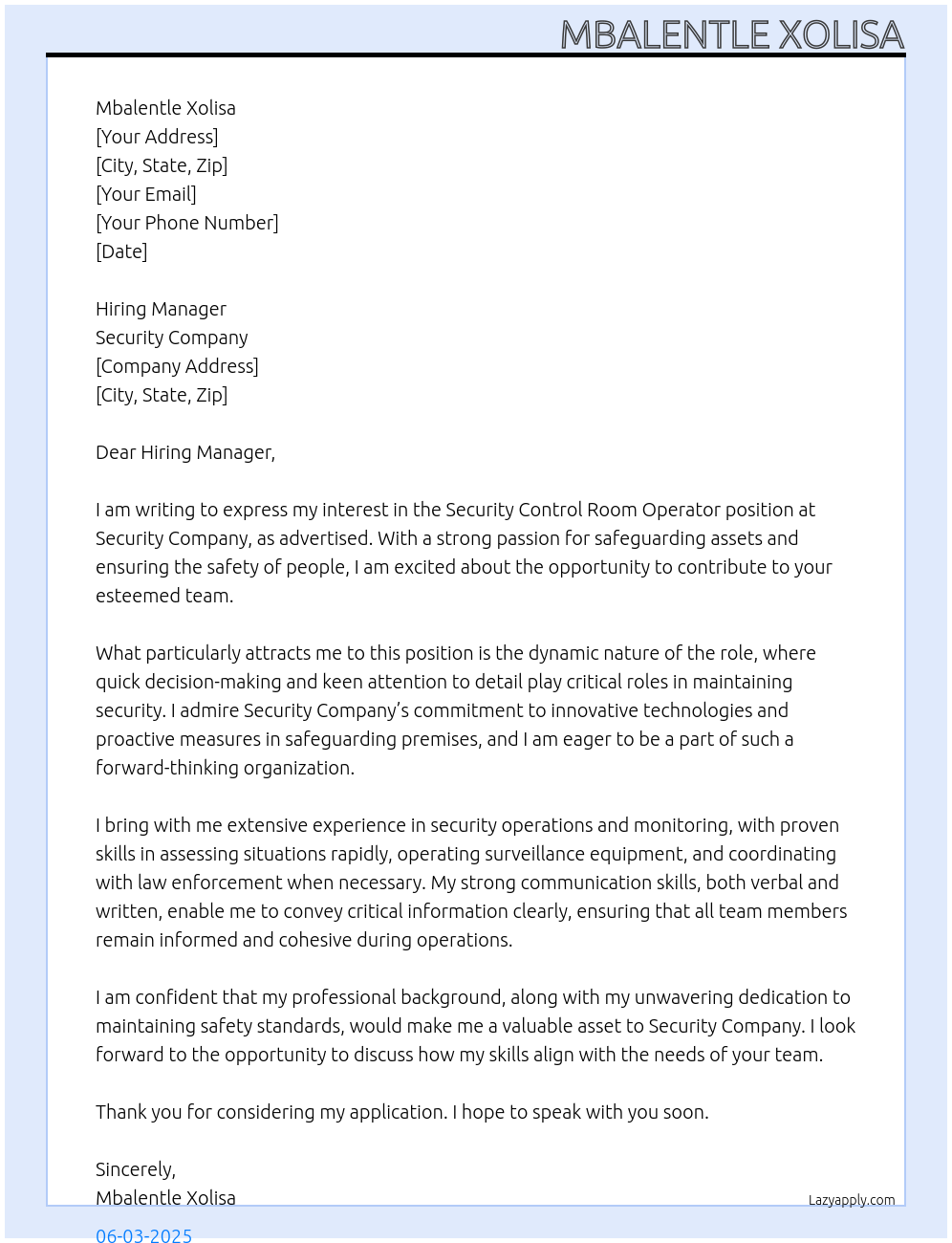 Security control room operator At Security company Cover Letter