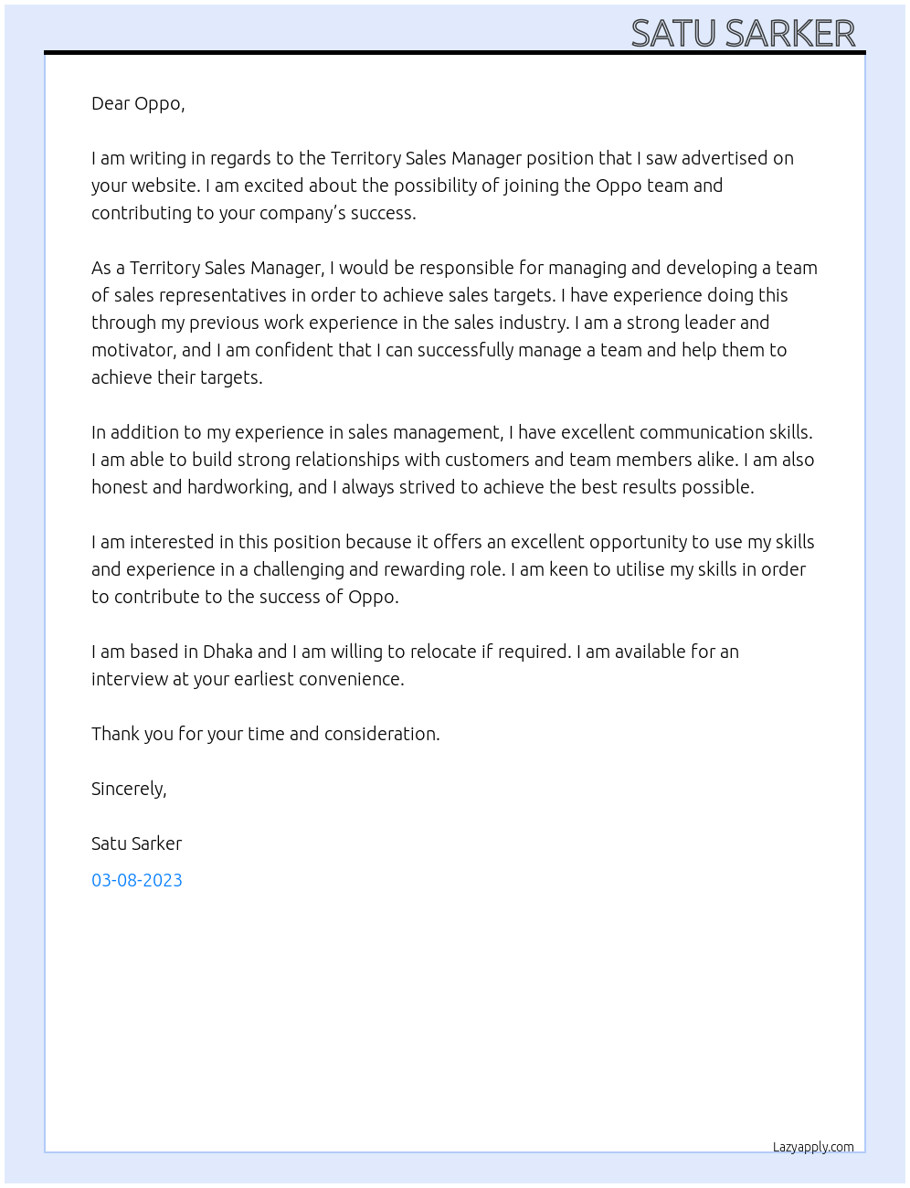 Territory Sales manager At Oppo Cover Letter