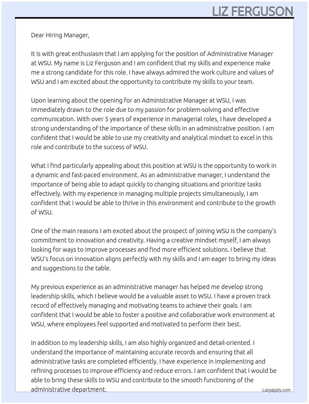 Administrative Manager At WSU Cover Letter