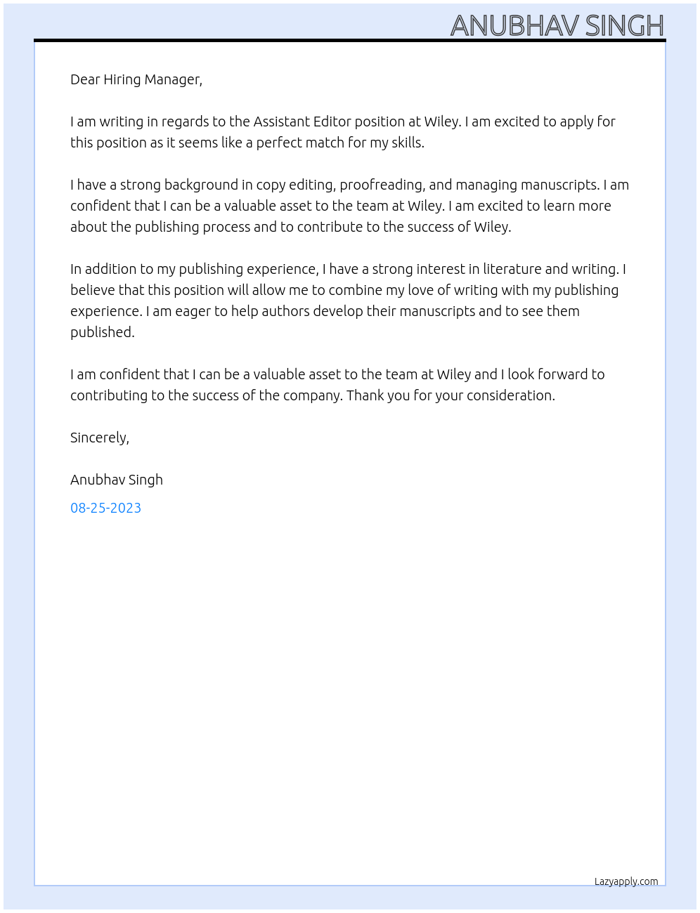 Assistant Editor At Wiley Cover Letter