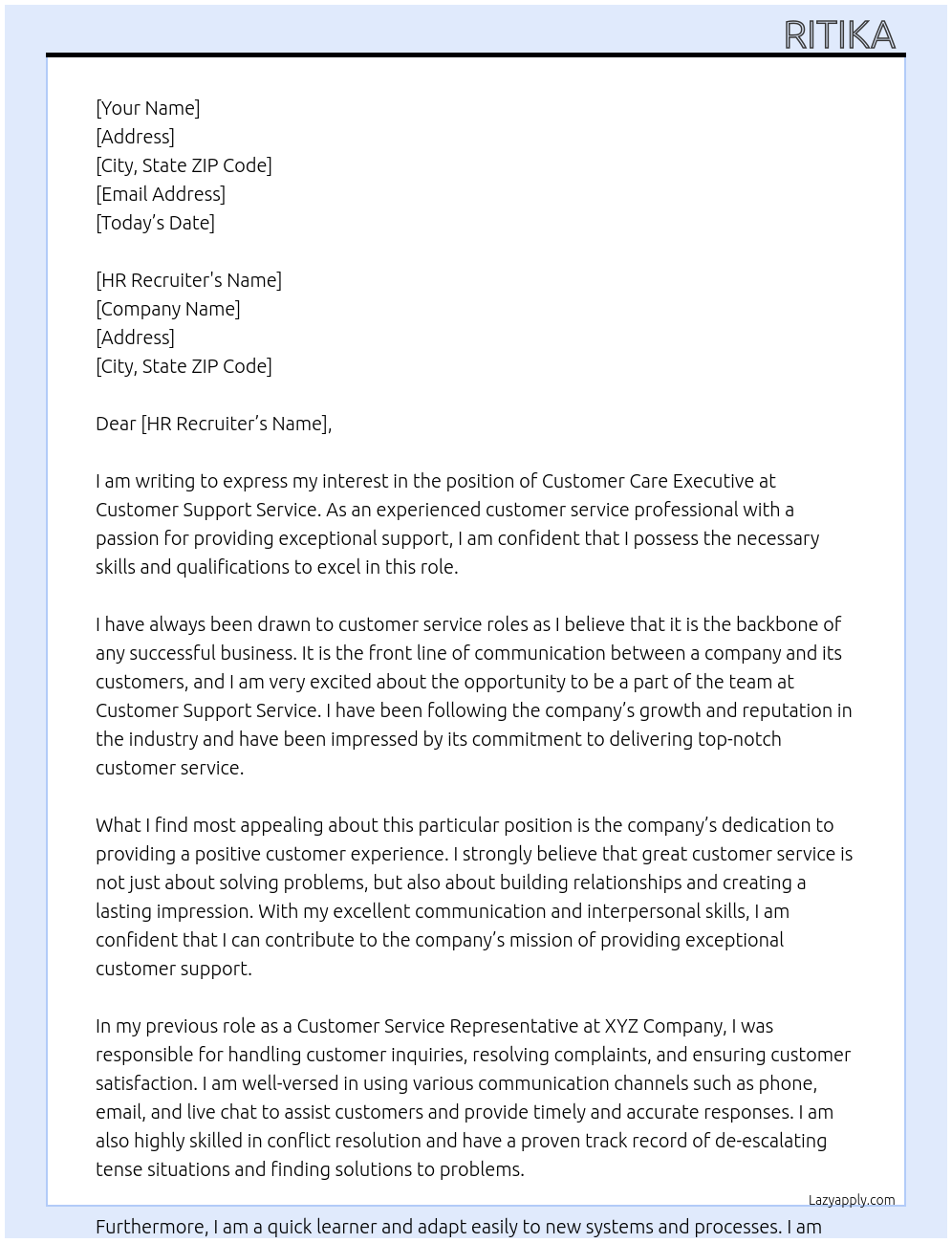 Customer care executive At Customer support service Cover Letter