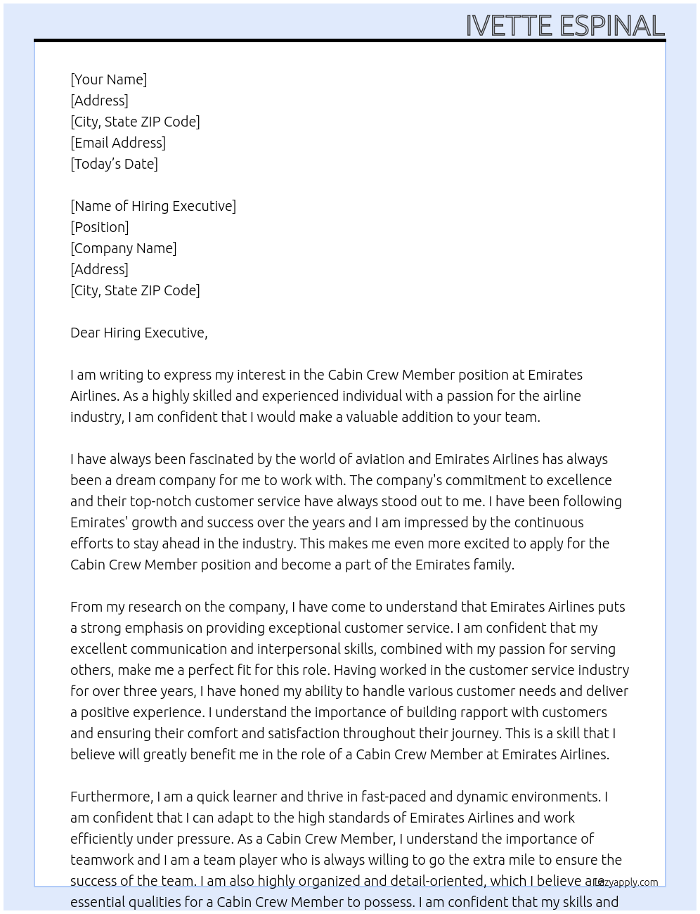 Cabin Crew Member At Emirates Airlines Cover Letter