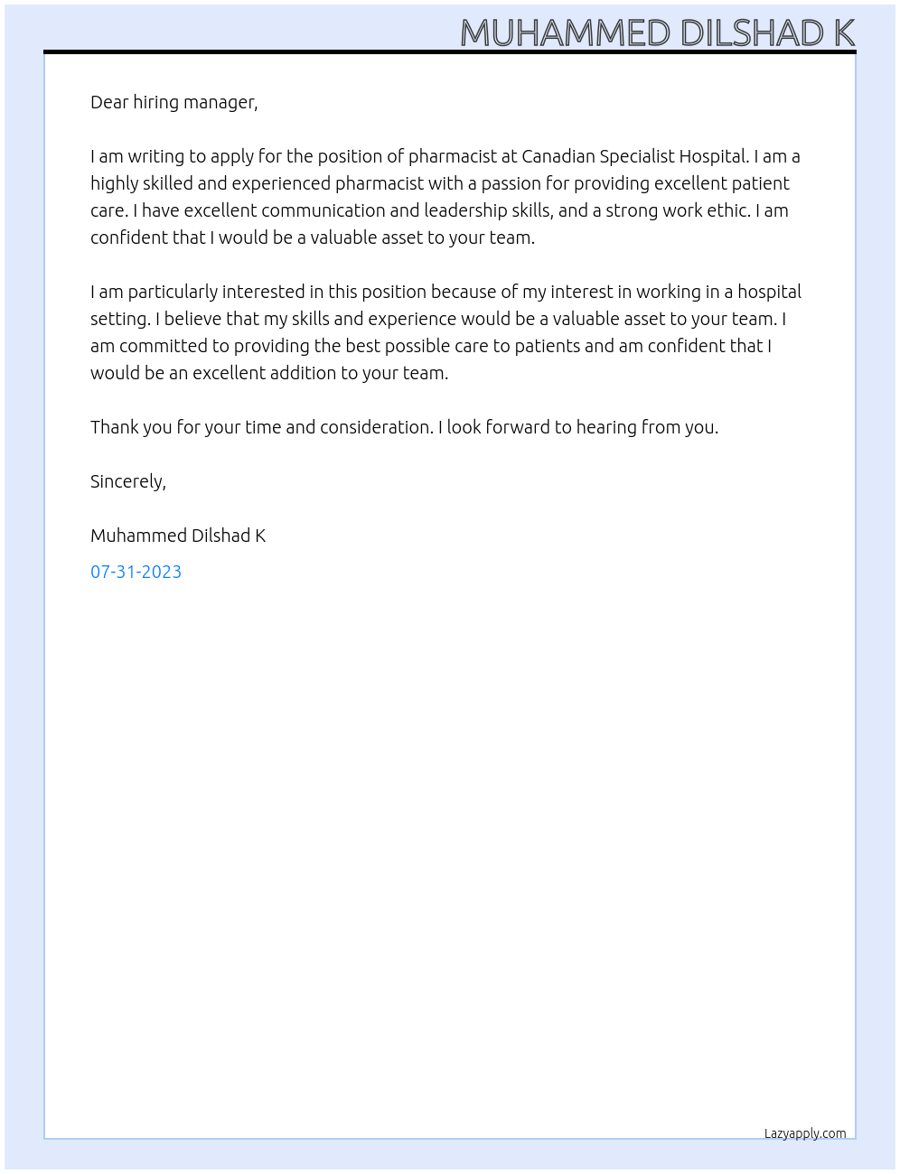 Pharmacist At Canadian Specialist Hospital Cover Letter