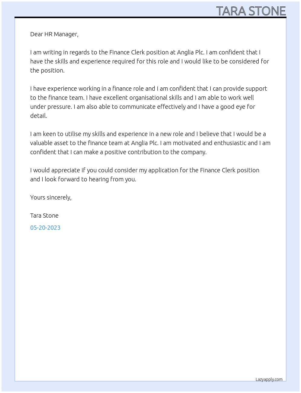 Finance Clerk At Anglia Plc Cover Letter