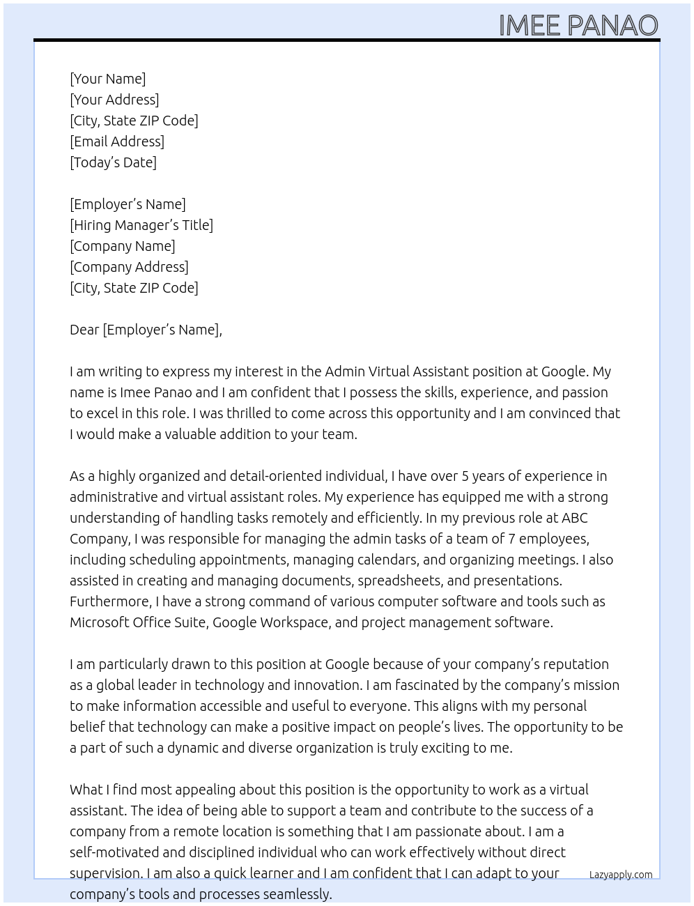 Admin Virtual Assistant  At google Cover Letter