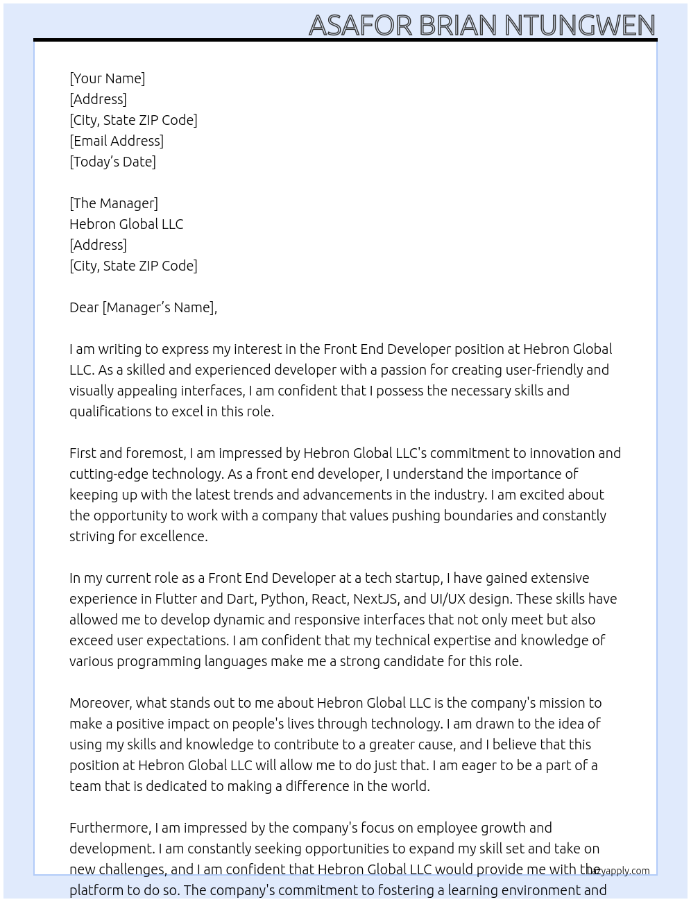 Front End Developer At Hebron Global LLC Cover Letter