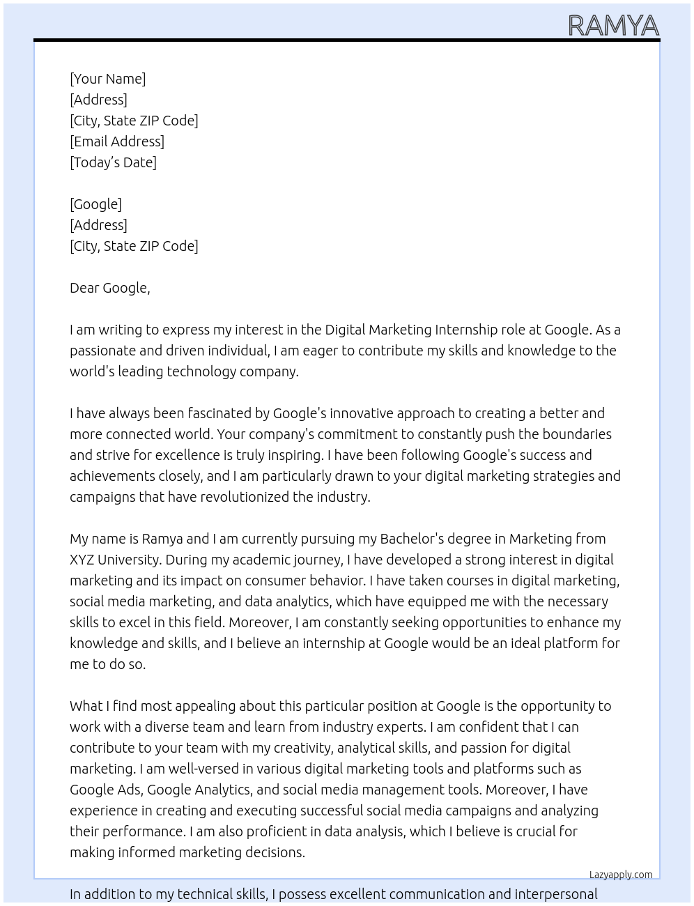 Digital marketing At Google Cover Letter