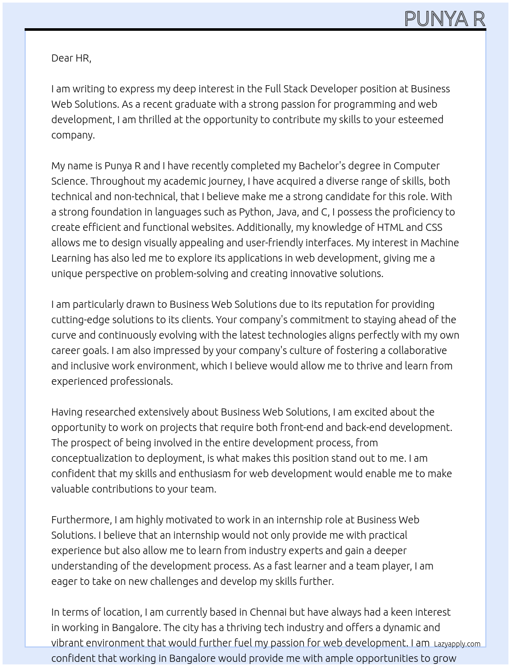 Full stack developer At Business web solutions Cover Letter