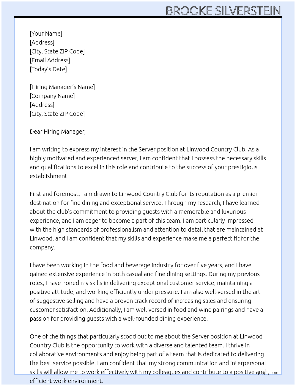 Server At Linwood Country Club Cover Letter