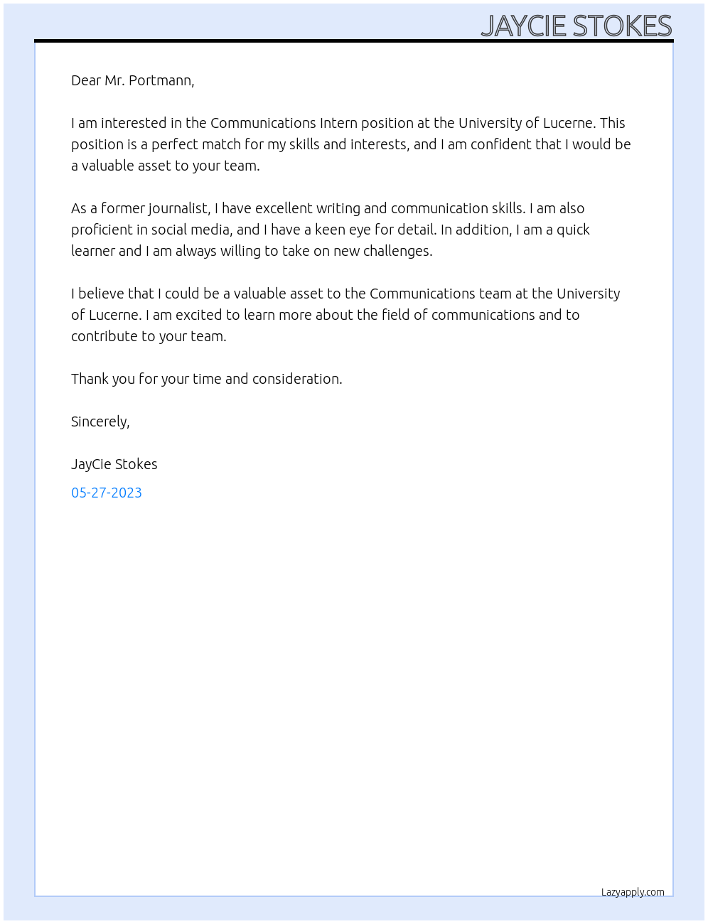 Communication Intern At University of Lucerne Communications Cover Letter