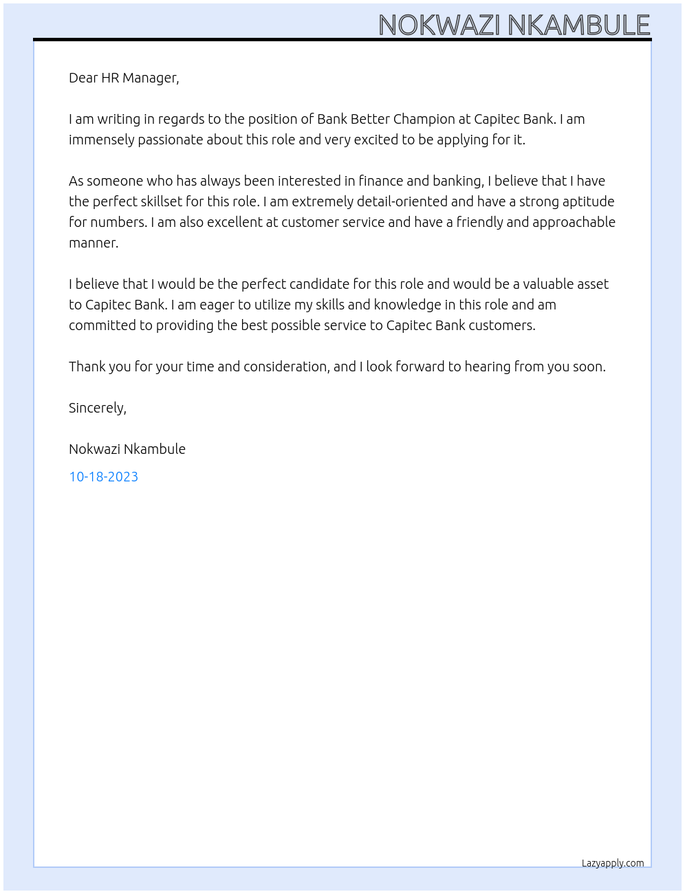 Bank better champion At Capitec Bank Cover Letter