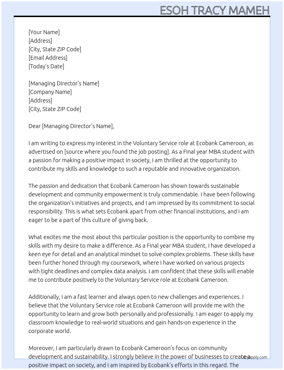 Voluntary Service At Ecobank Cameroon Cover Letter
