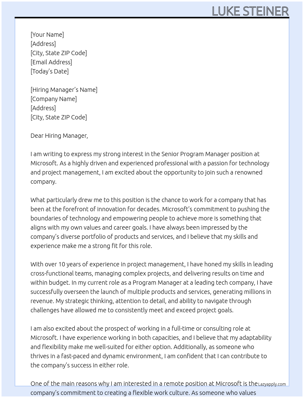 Senior Program Manager At Microsoft Cover Letter