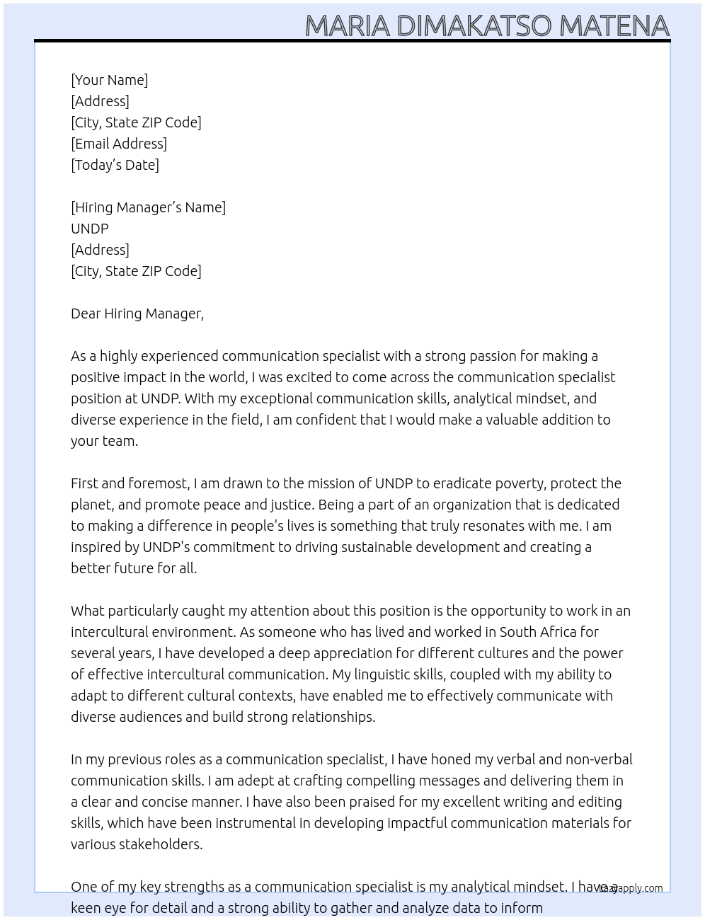communication specialist At UNDP Cover Letter