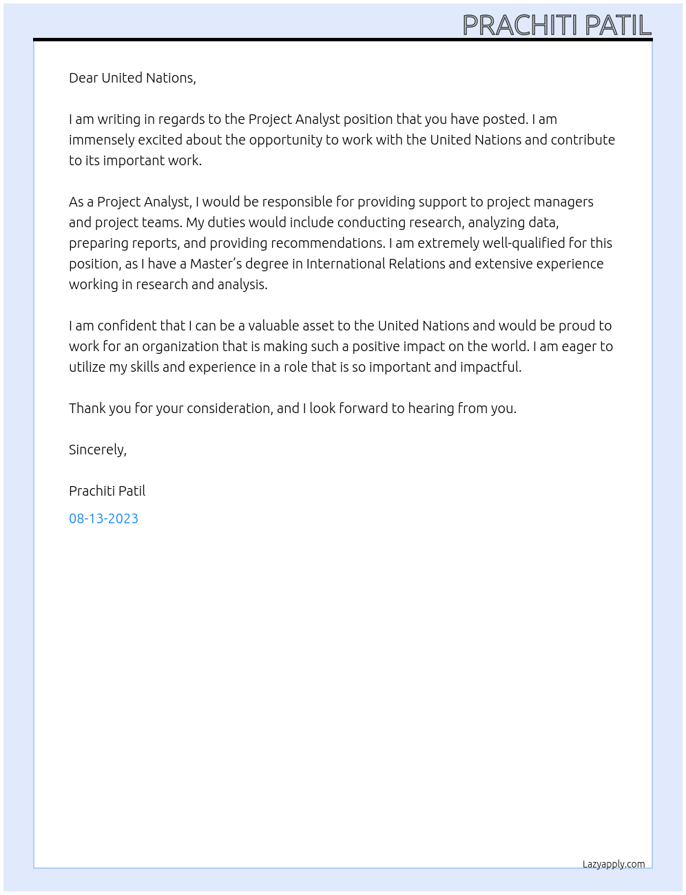 Project analyst At United Nations Cover Letter