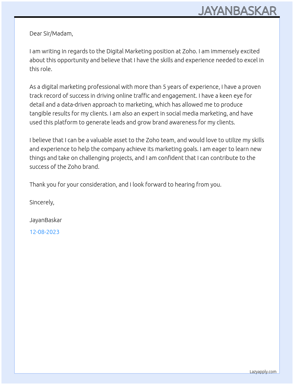 digital marketing At Zoho Cover Letter