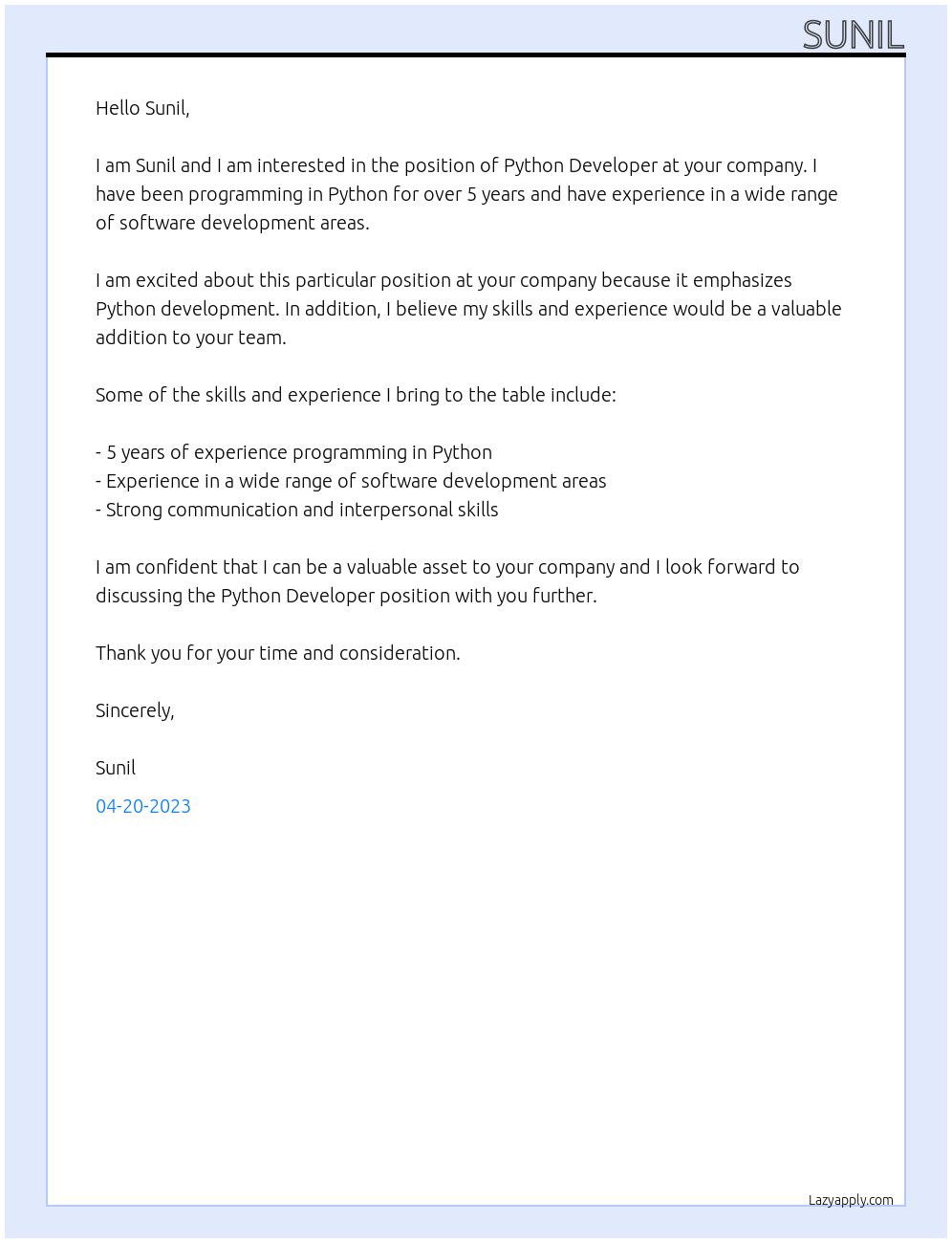 python developer At sunil Cover Letter