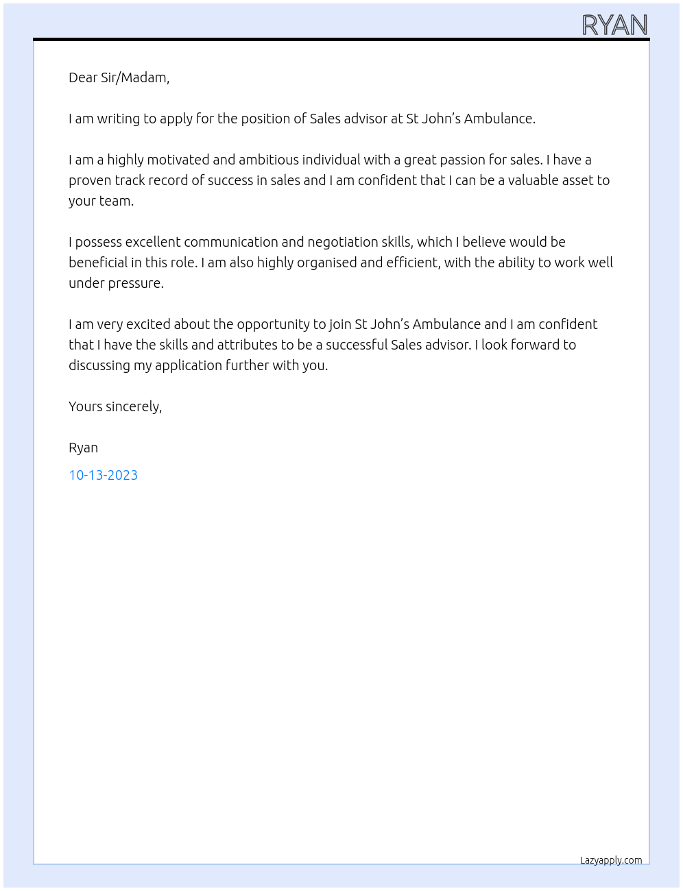 Sales advisor At St John’s Ambulance Cover Letter