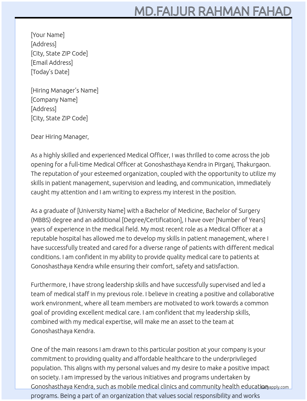 Medical Officer  At Gonoshasthaya Kendra Cover Letter