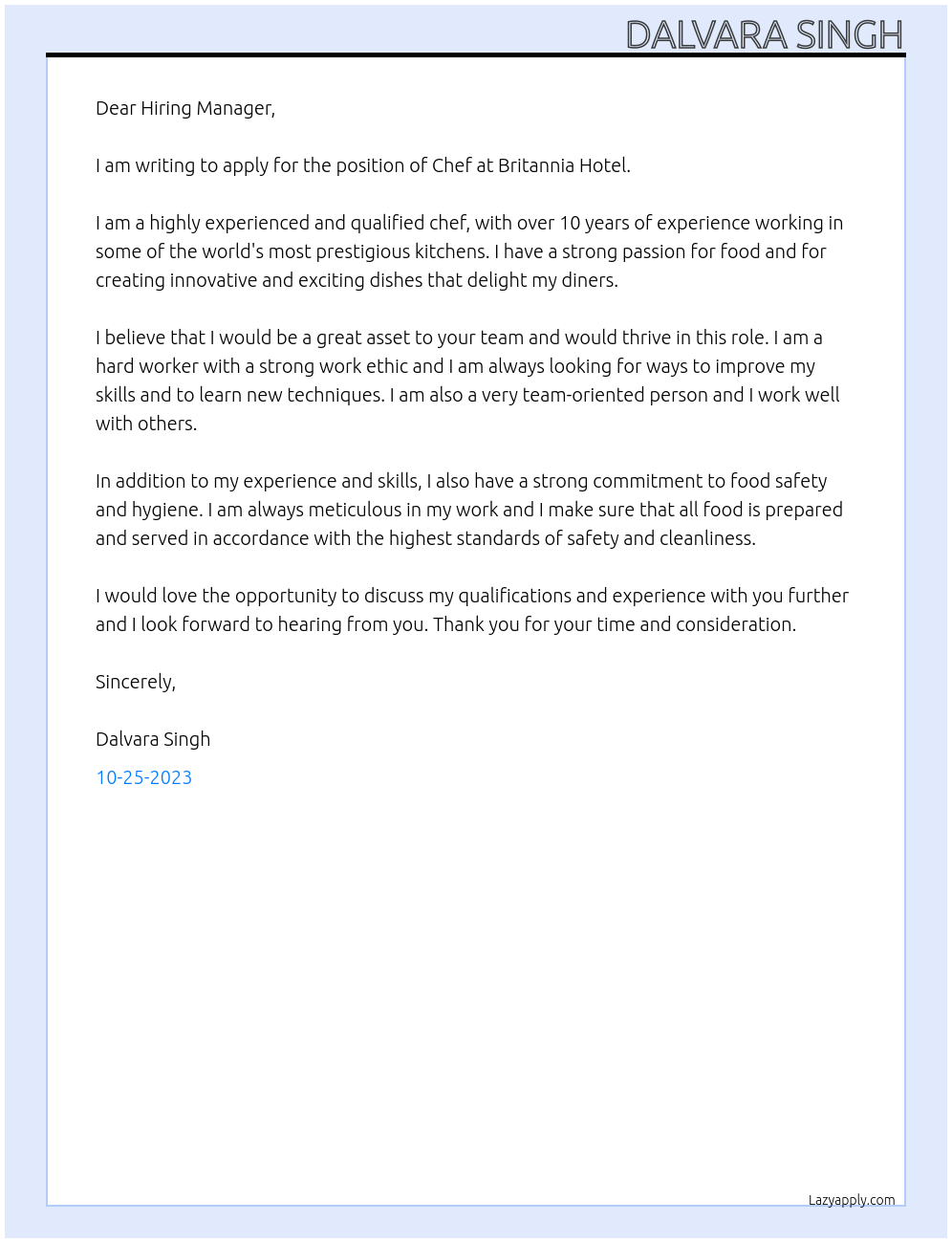 Chef At Britannia Hotel Cover Letter