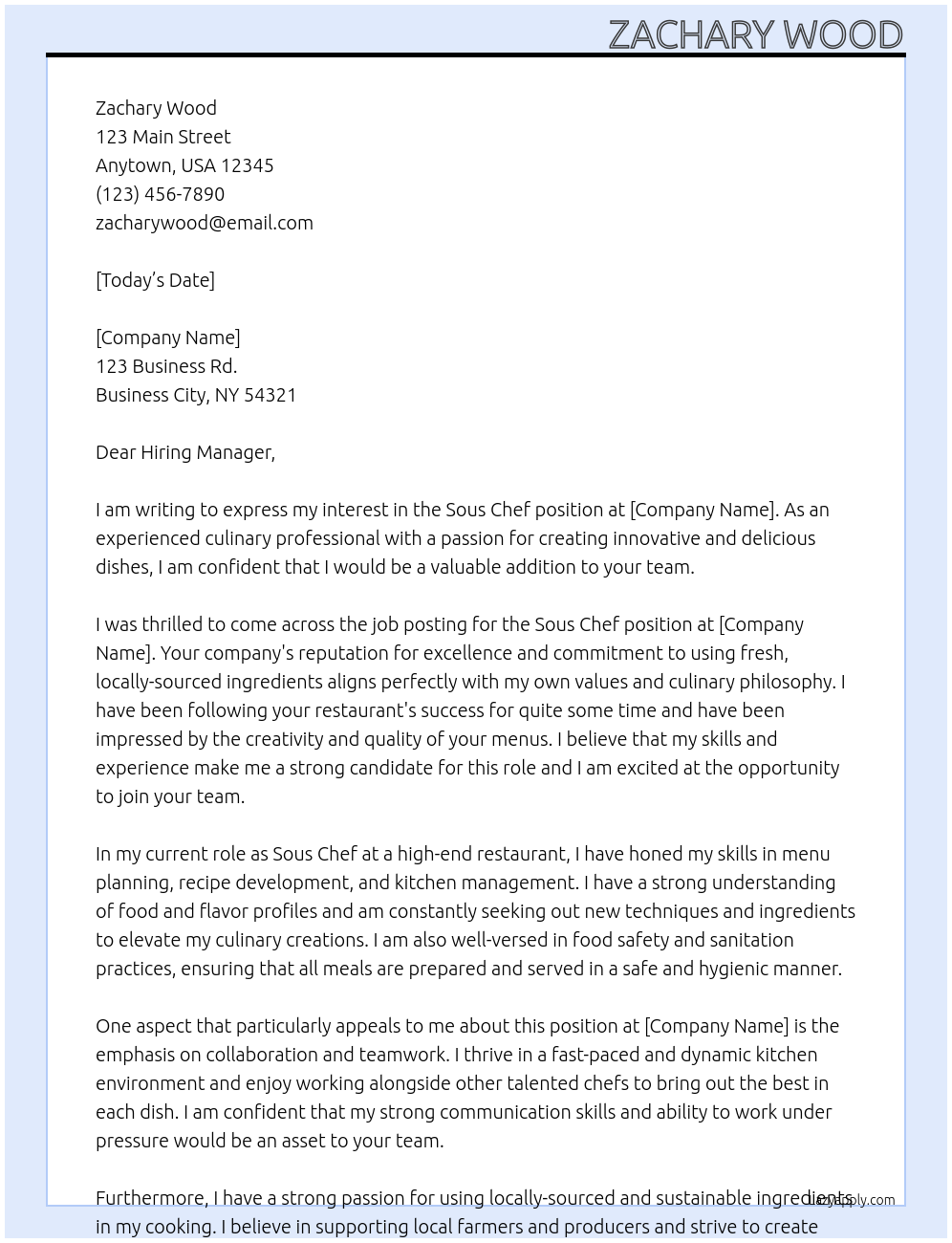 Sous Chef At Company Cover Letter