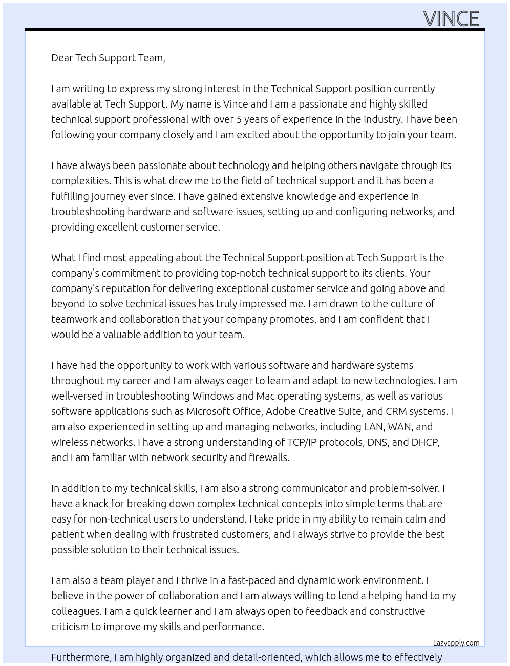 Technical Support At Tech Support Cover Letter