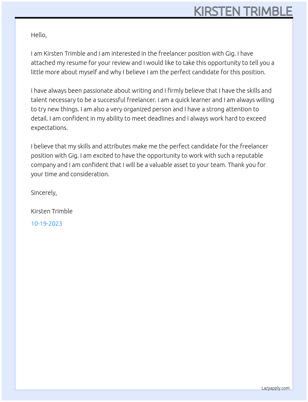 Freelancer At Gig Cover Letter