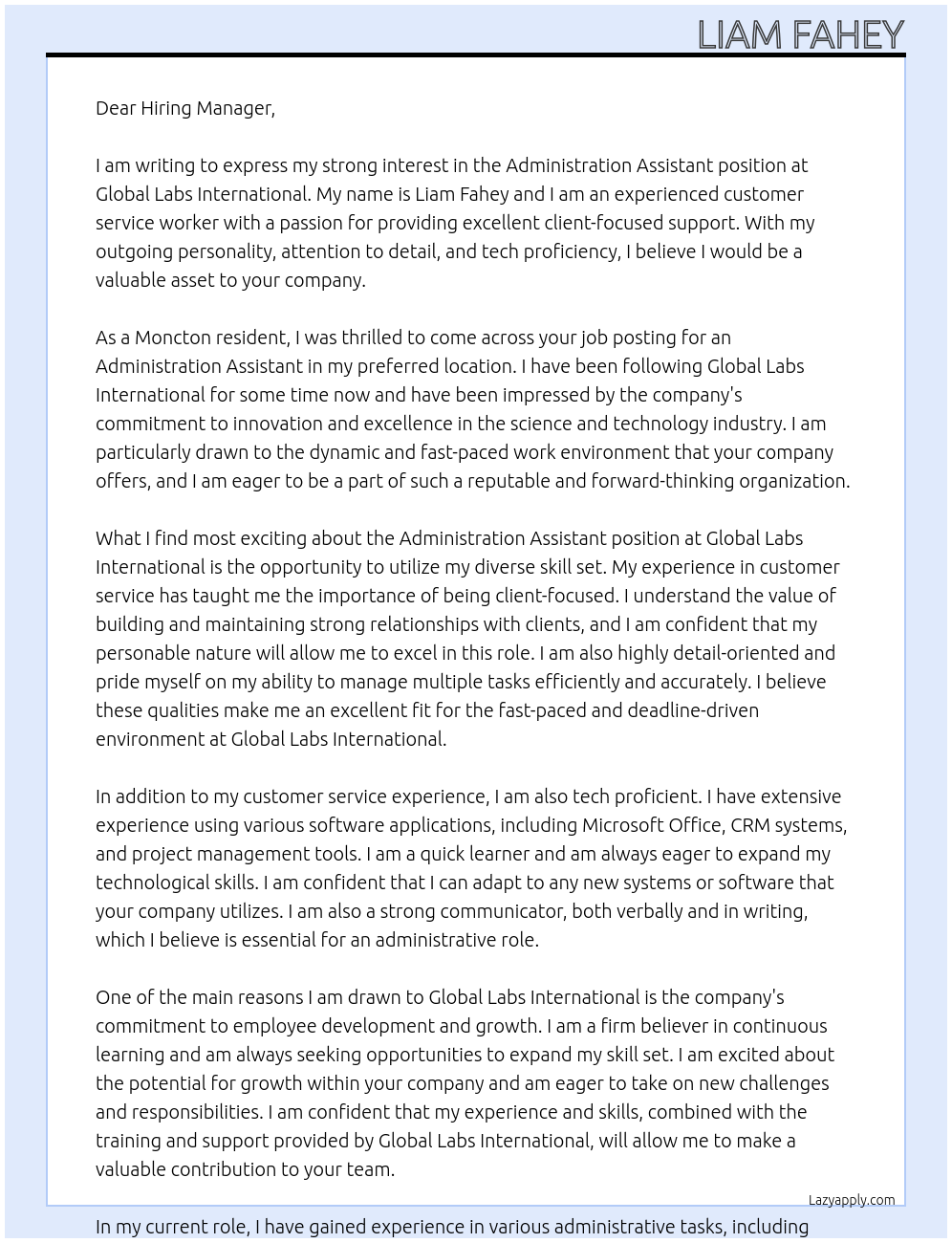 Administration Assistant At Global Labs International Cover Letter