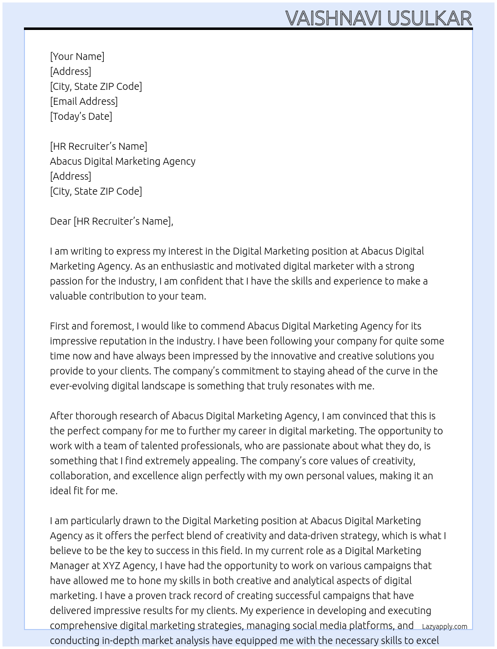 Digital Marketing At Abacus Digital Marketing agency Cover Letter