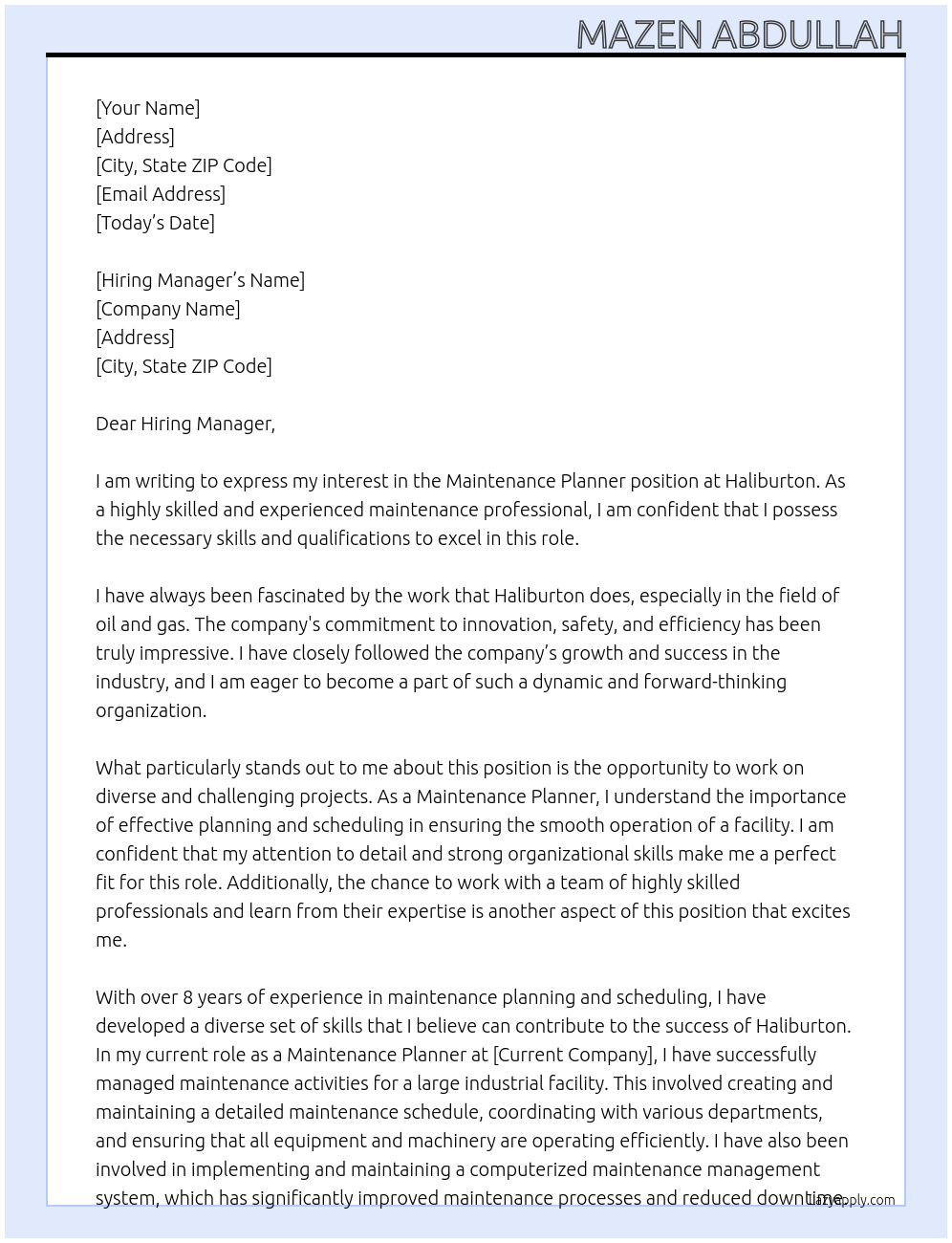 Maintenance Planner At Haliburton Cover Letter
