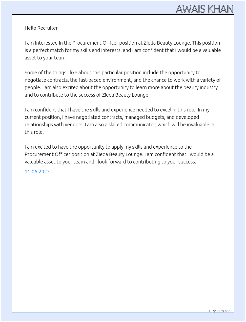 Procurement Officer At Zieda Beauty Lounge Cover Letter