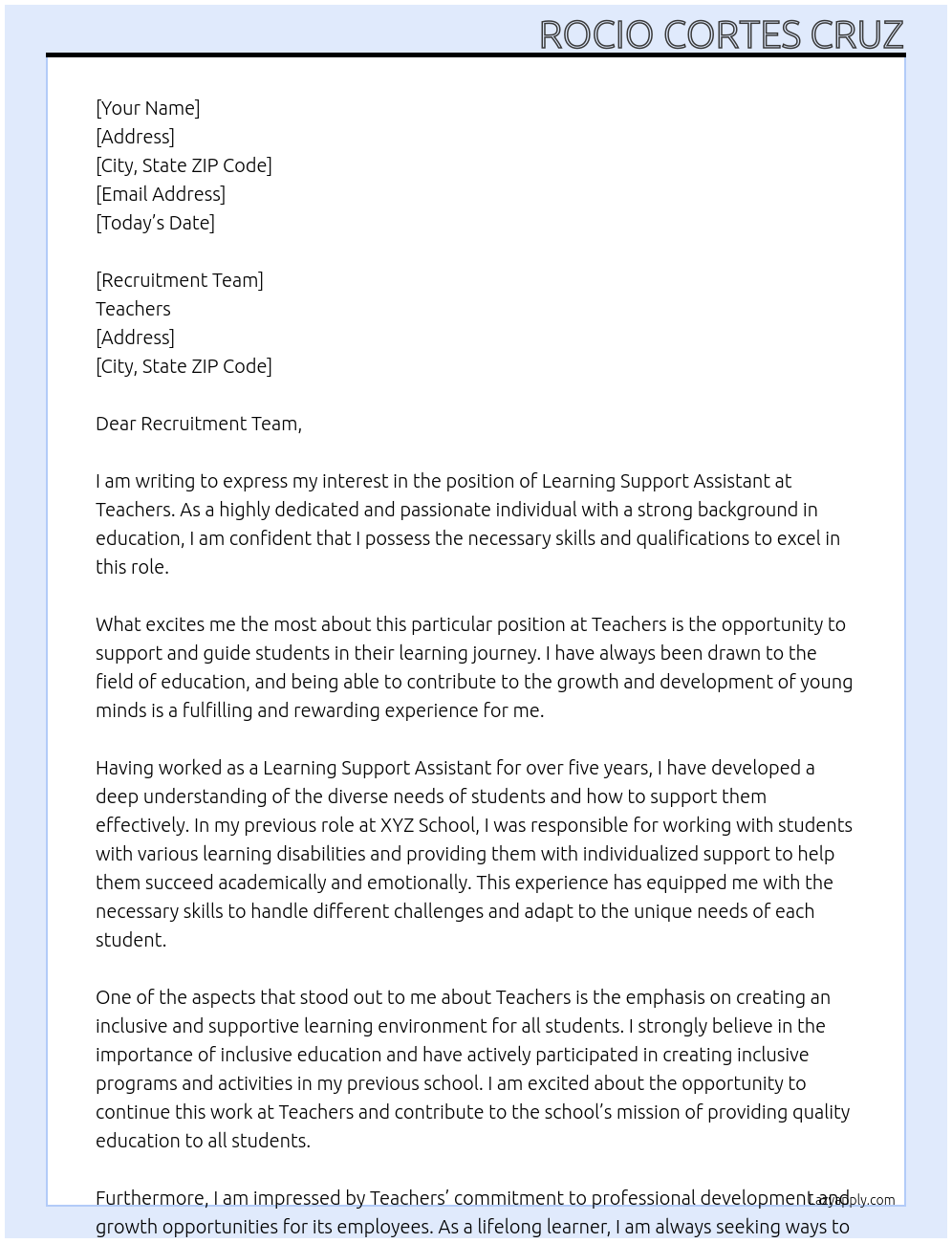 Learning support assistant At Teachers Cover Letter