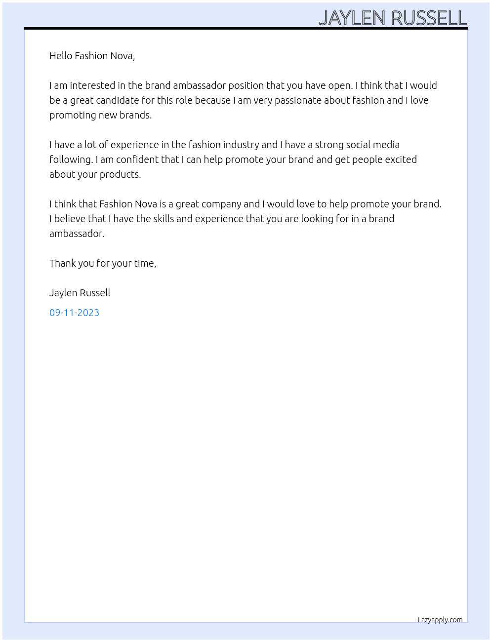 Brand ambassador  At fashion nova Cover Letter