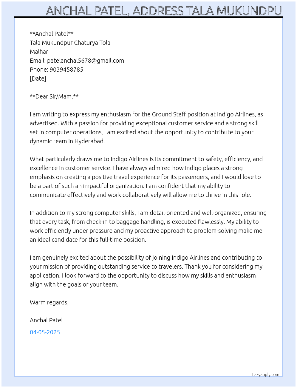 Indigo airlines ground staff At Indigo airline Cover Letter