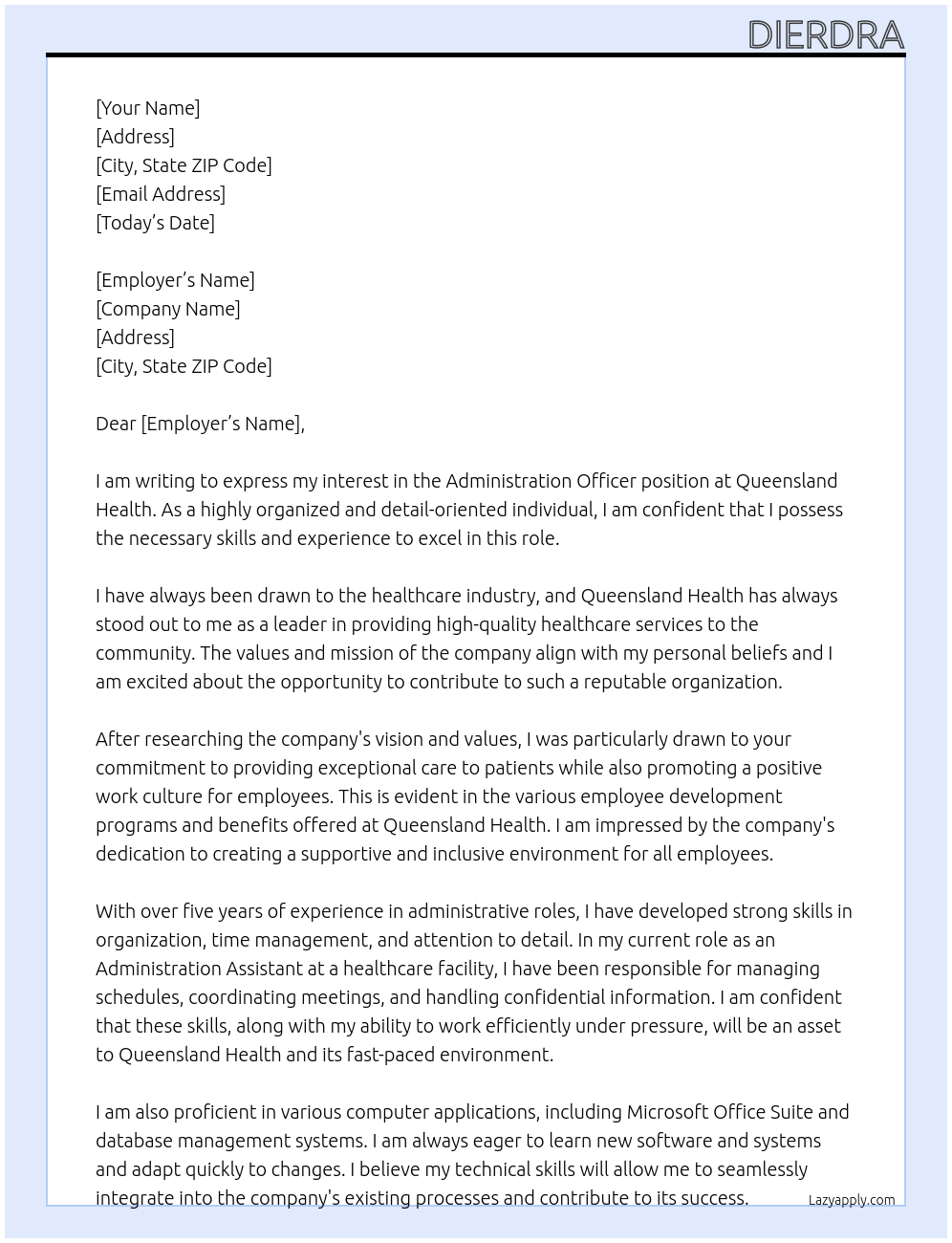 administration officer At queensland health Cover Letter