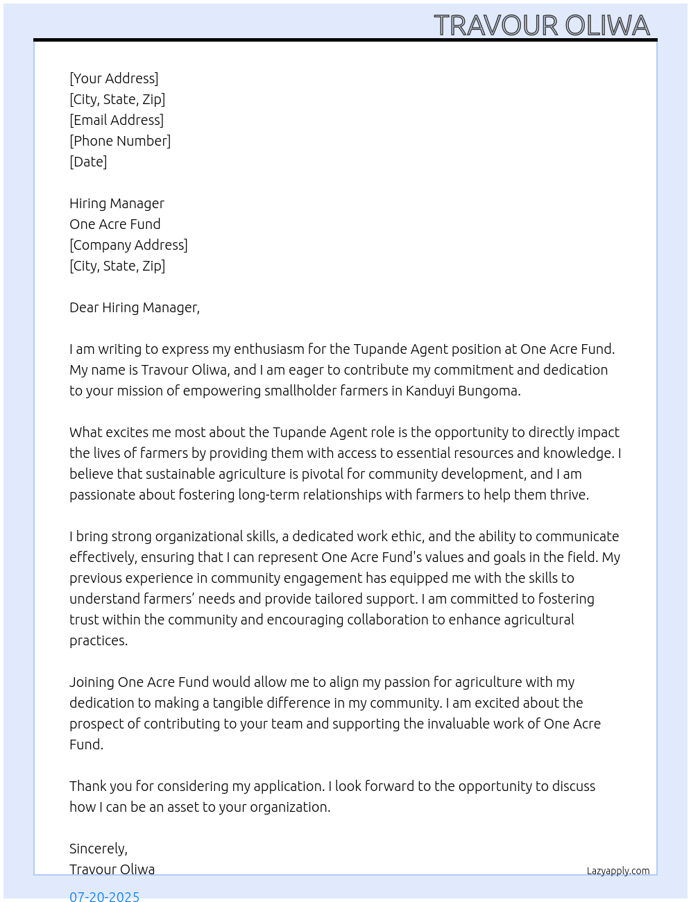 Tupande agent At One acre fund Cover Letter