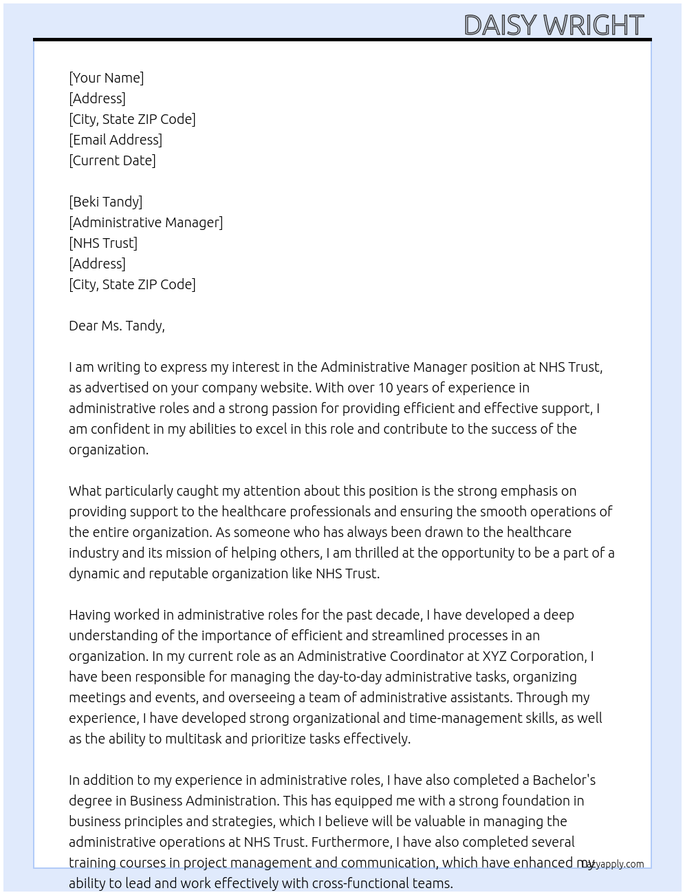 Administrative Manager  At NHS Trust  Cover Letter