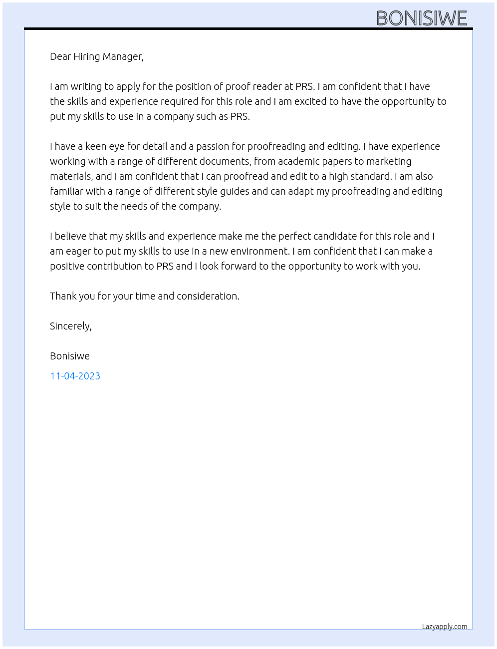 proof reader At PRS Cover Letter