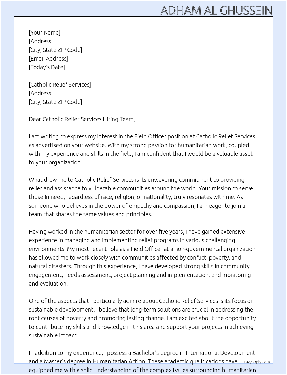 Field Officer At Catholic Relief Services Cover Letter