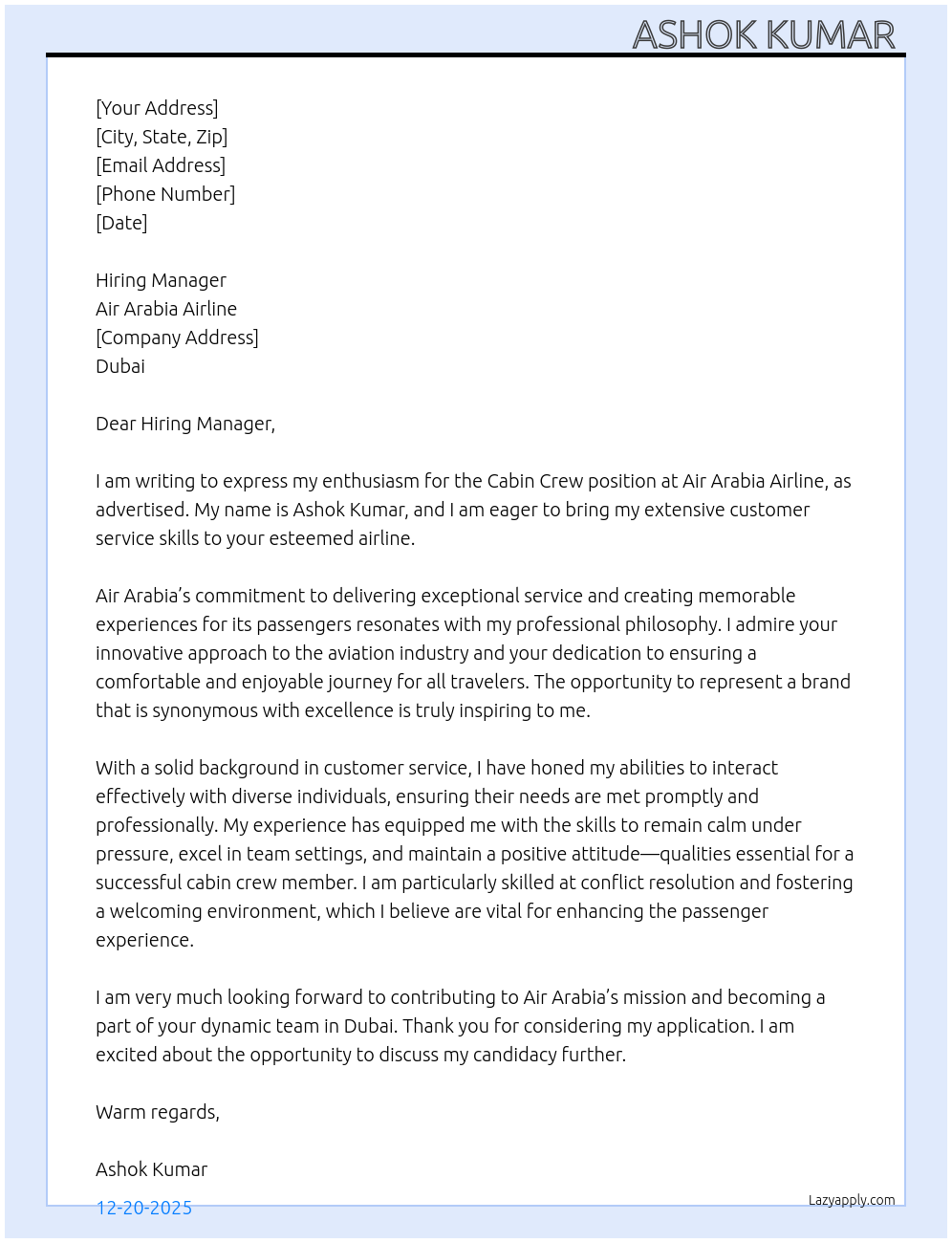 Cabin crew  At Air Arabia Airline  Cover Letter