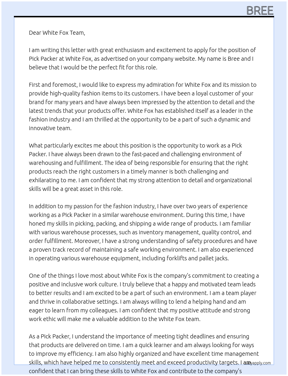 Pick Packer  At White fox  Cover Letter